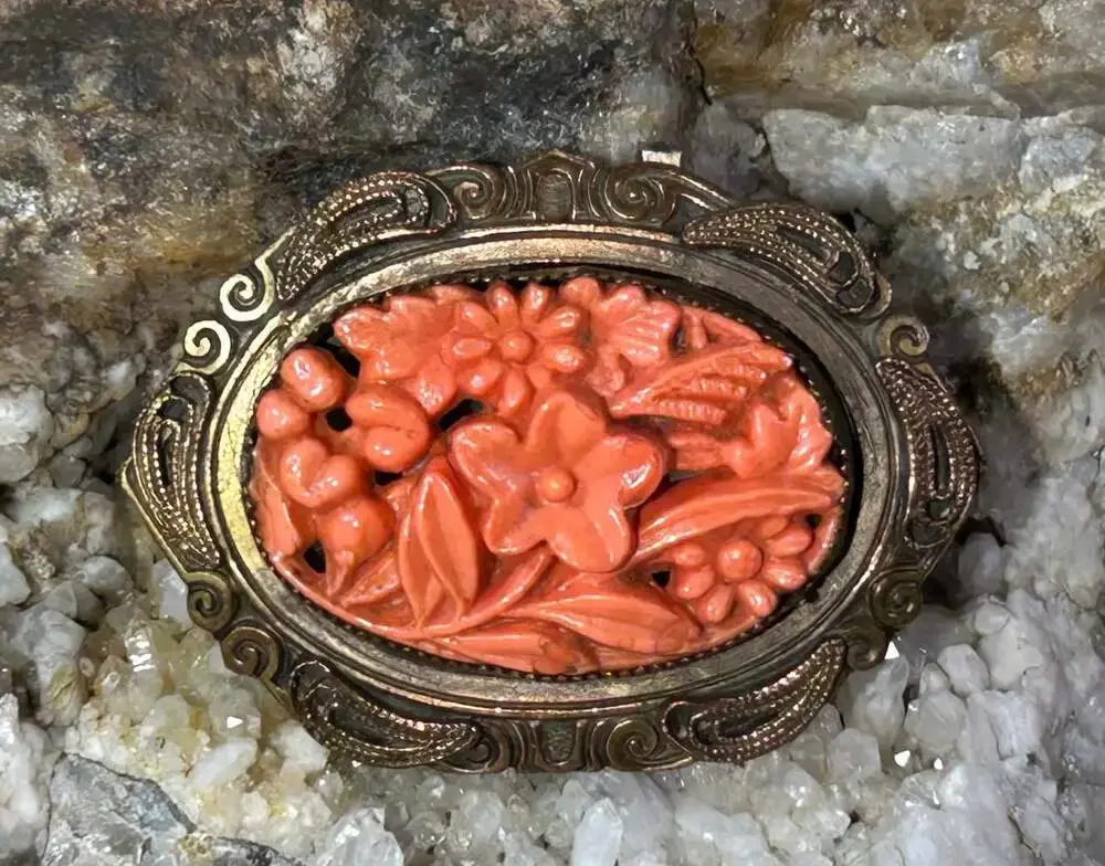 Vintage carved red coral ornate floral brass bronze brooch